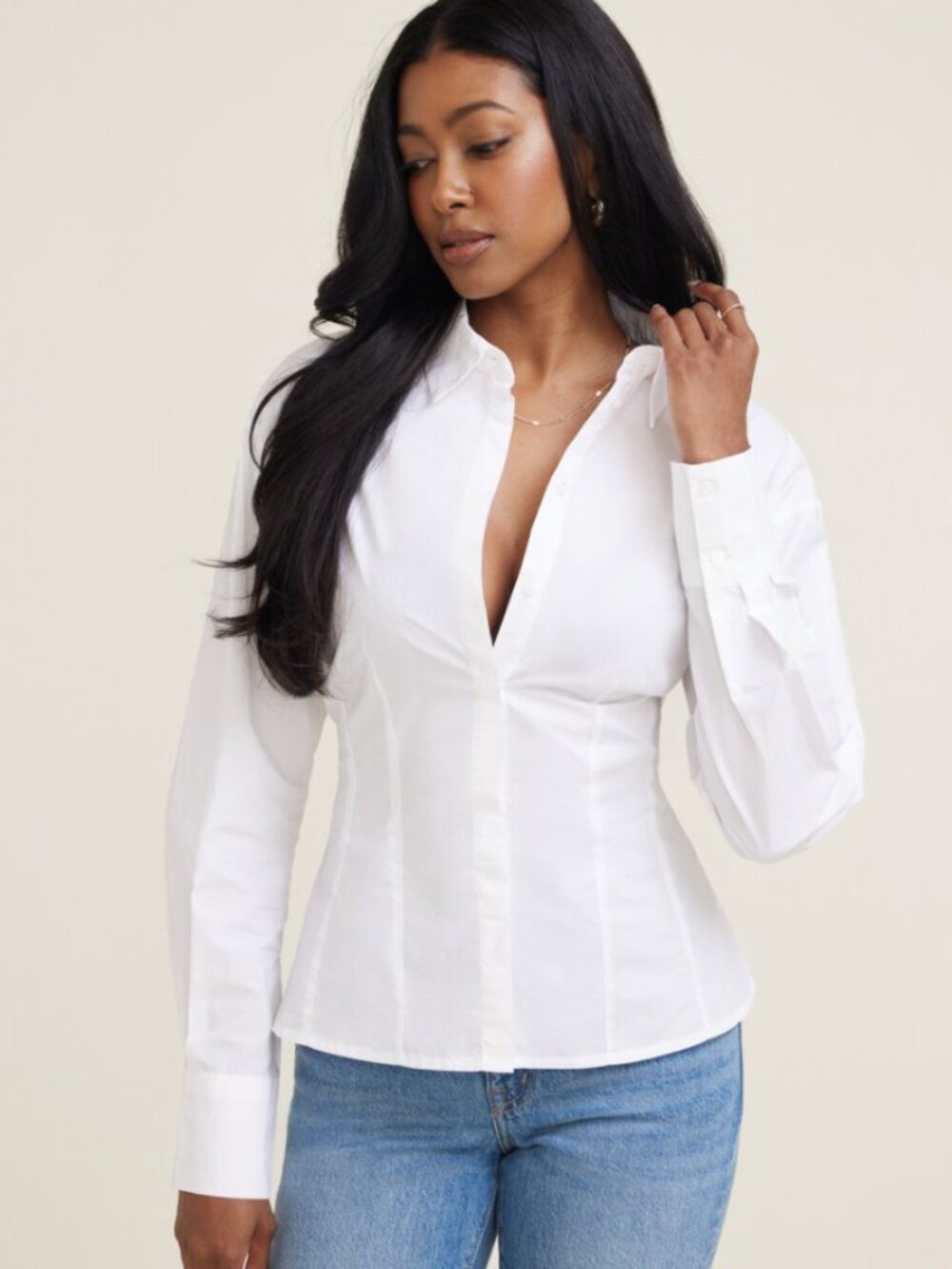 NWT Cinched Back Poplin Long-sleeve Blouse in White
